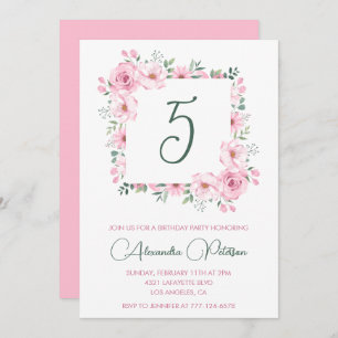Elegant 5th birthday invitations Floral  Pink