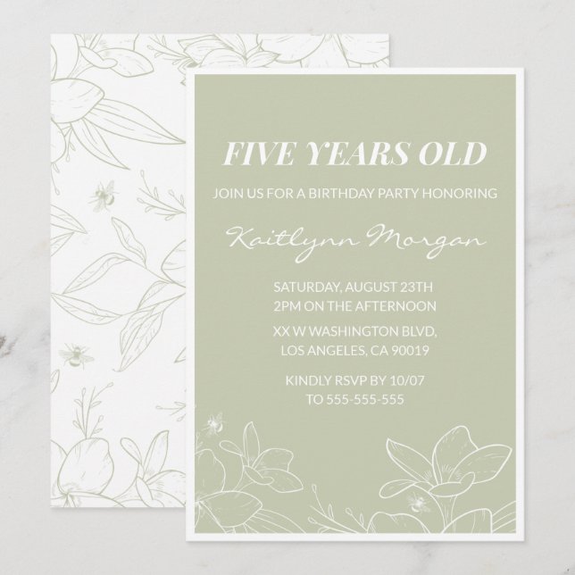 Elegant 5th birthday invitations Modern Floral  (Front/Back)