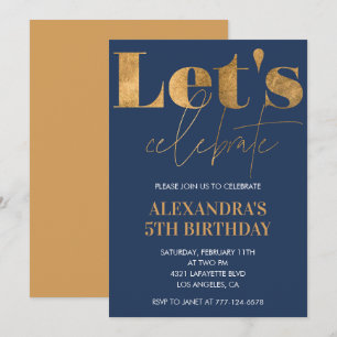 Elegant 5th birthday invitations Navy Gold 