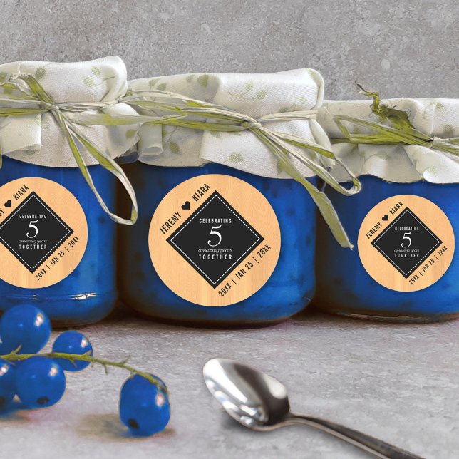 Elegant 5th Wood Wedding Anniversary Celebration Classic Round Sticker (Elegant 5th Wood Wedding Anniversary Round Sticker Cover Photo.)