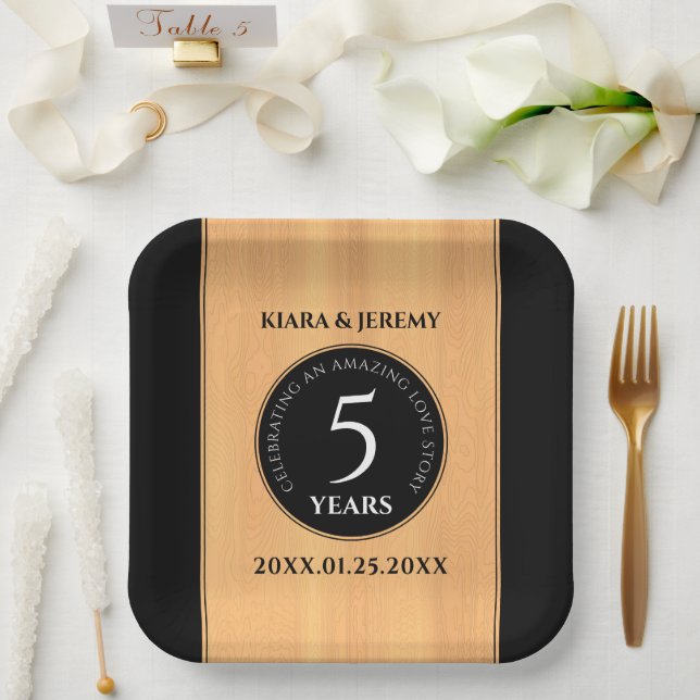 Elegant 5th Wood Wedding Anniversary Celebration Paper Plate (Wedding)