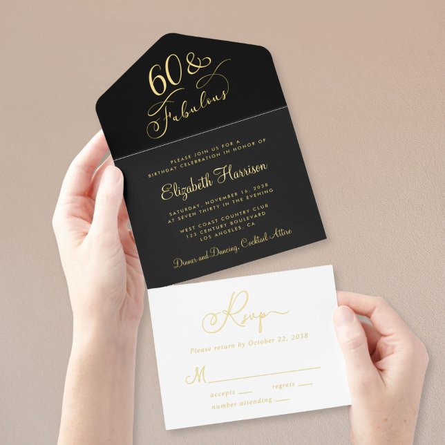 Elegant 60 And Fabulous Black 60th Birthday Party All In One Invitation (Creator Uploaded)