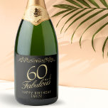 Elegant 60 and Fabulous Ornament 60th Birthday Sparkling Wine Label<br><div class="desc">Elegant 60 and Fabulous Ornament 60th Birthday Sparkling Wine Label. 60 and fabulous text in trendy golden script and an elegant ornament on black background. Personalise it with your name and your age,  and make personalised elegant wine labels for a birthday party.</div>