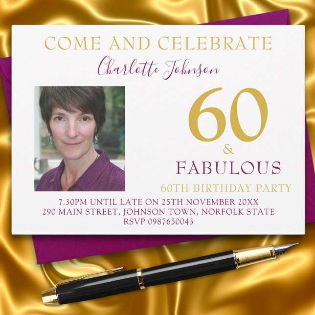 Elegant 60 and Fabulous Photo 60th birthday Invitation (60 and fabulous photo template stylish gold and purple 60th birthday party invitation )