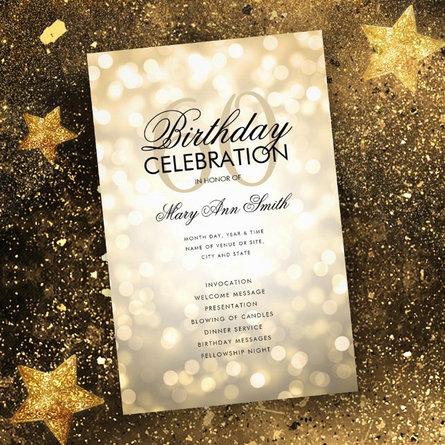 Elegant 60 Birthday Program Lights Gold Menu (Creator Uploaded)