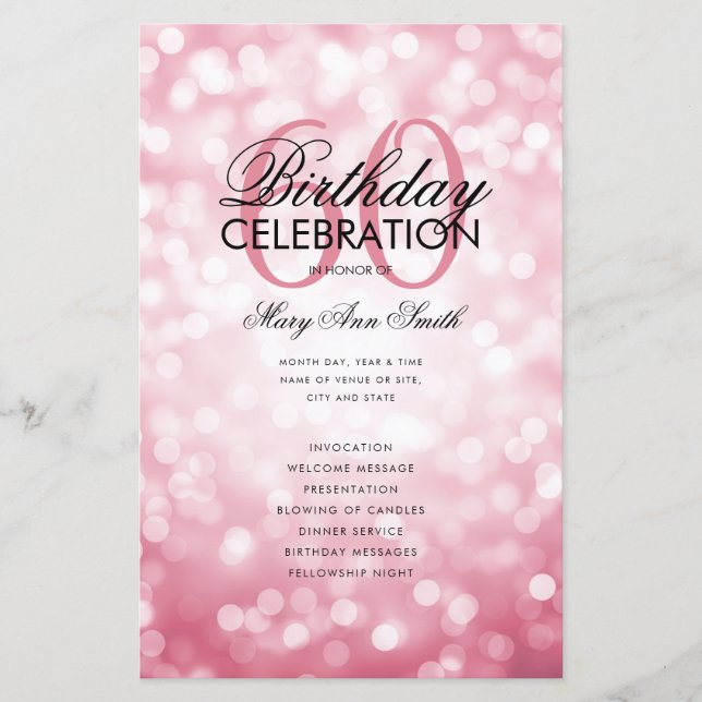Elegant 60 Birthday Program Lights Rose Gold Menu (Front)