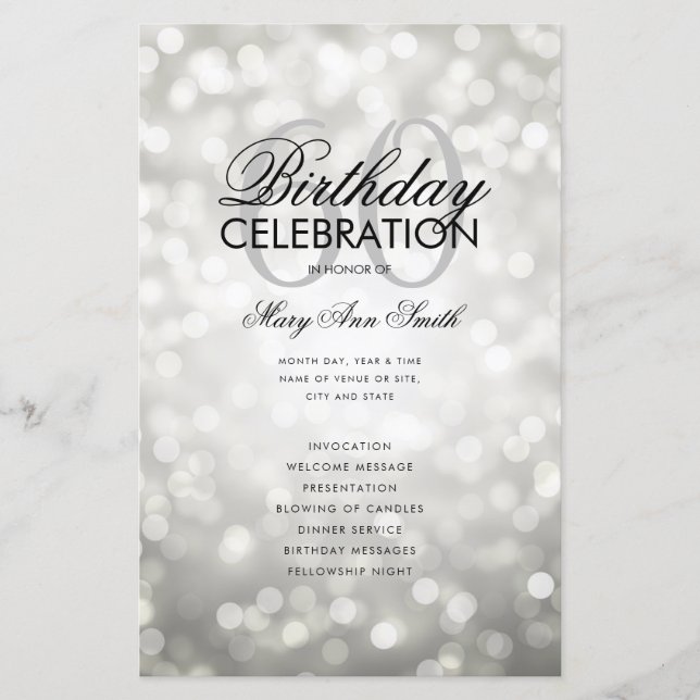 Elegant 60 Birthday Program Lights Silver Menu (Front)