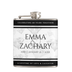 Elegant 60th 75th Diamond Wedding Anniversary Hip Flask