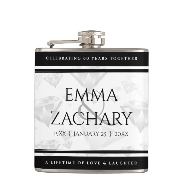 Elegant 60th 75th Diamond Wedding Anniversary Hip Flask (Front)