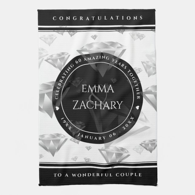 Elegant 60th 75th Diamond Wedding Anniversary Tea Towel (Vertical)