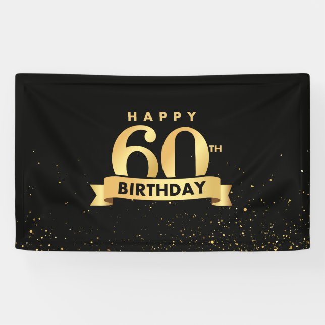 Elegant 60th Birthday Banner Backdrop Black & Gold (Horizontal)