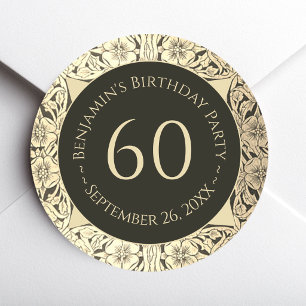Elegant 60th Birthday Black Gold Vintage Flowers Classic Round Sticker