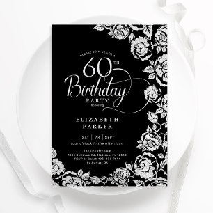 Elegant 60th Birthday Black Silver Roses Invitation