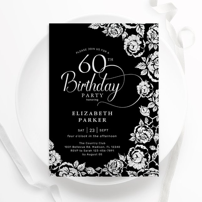 Elegant 60th Birthday Black Silver Roses Invitation (Creator Uploaded)