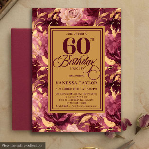 Elegant 60th Birthday Burgundy Blush Gold Floral  Invitation