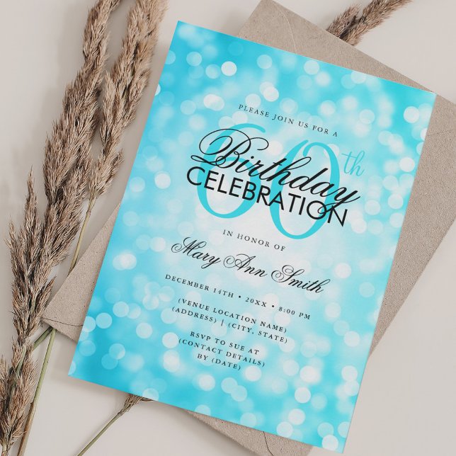Elegant 60th Birthday Glam Turquoise Shimmer Light Invitation (Elegant 60th Birthday Glam Turquoise Shimmer Light Invitation)
