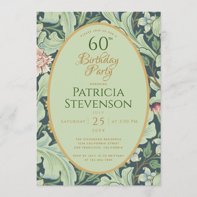 Elegant 60th Birthday Gold Green Botanical Vintage Invitation (Front)