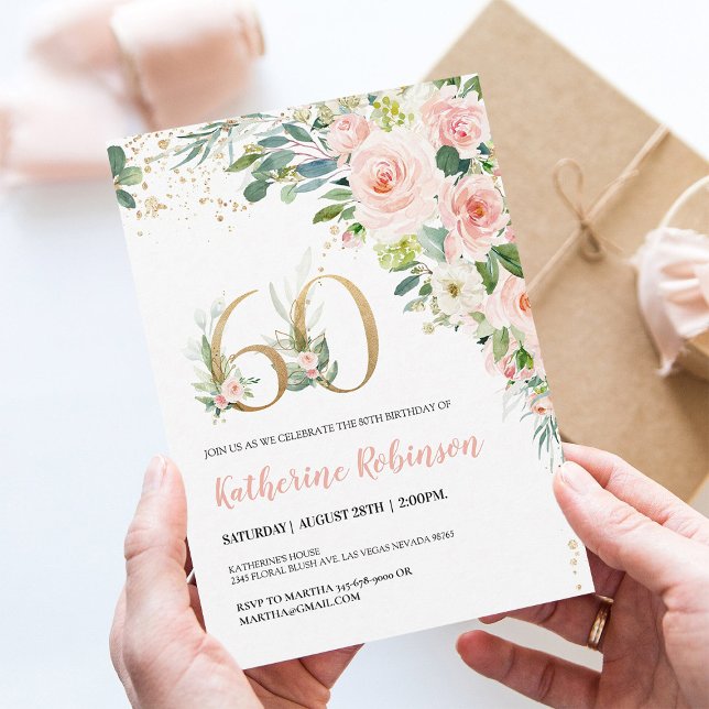 Elegant 60th Birthday Invitation for Her Floral (Creator Uploaded)