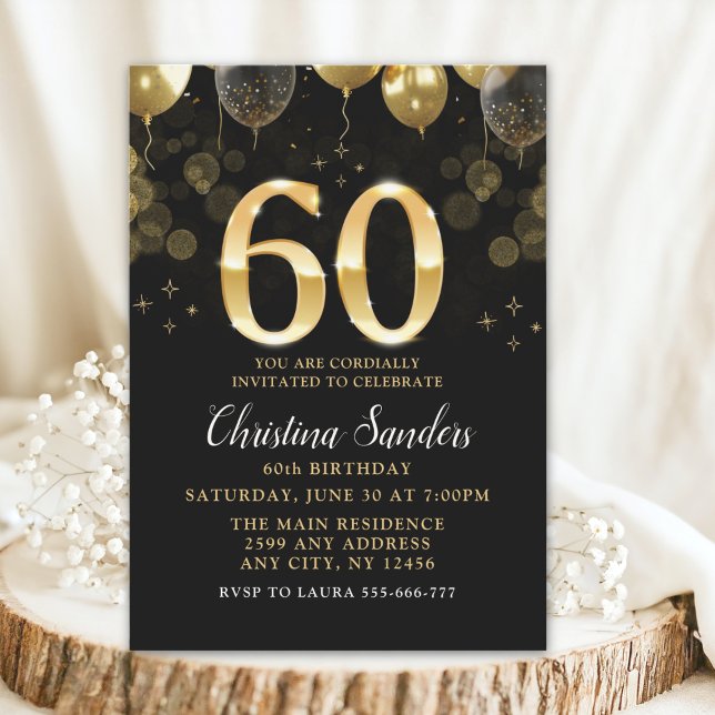 Elegant 60th Birthday Invitation with Gold Ballons (Creator Uploaded)
