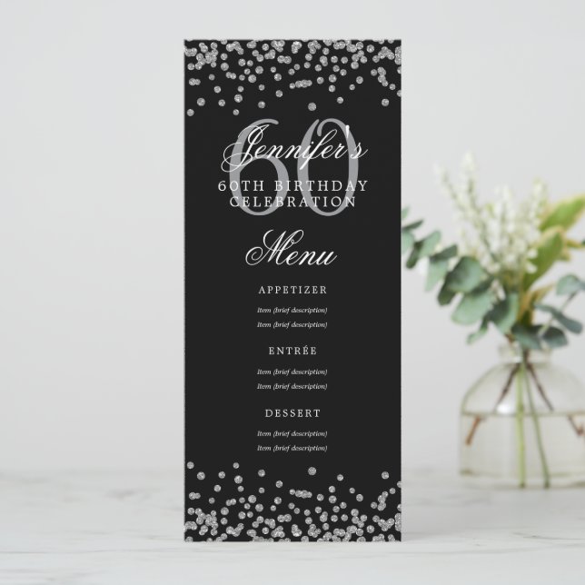 Elegant 60th Birthday Menu Silver Black Confetti Invitation (Standing Front)