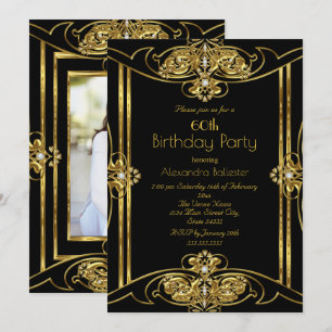 Elegant 60th Birthday Party Add Photo Gold Black Invitation