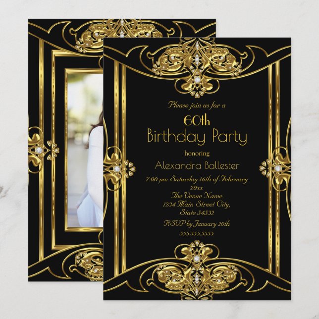 Elegant 60th Birthday Party Add Photo Gold Black Invitation (Front/Back)
