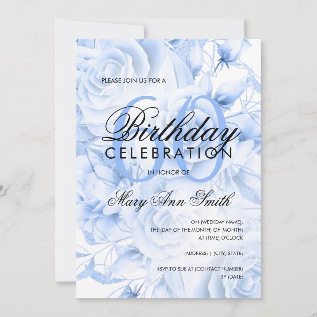 Elegant 60th Birthday Party Floral Navy Blue  Invitation (Front)
