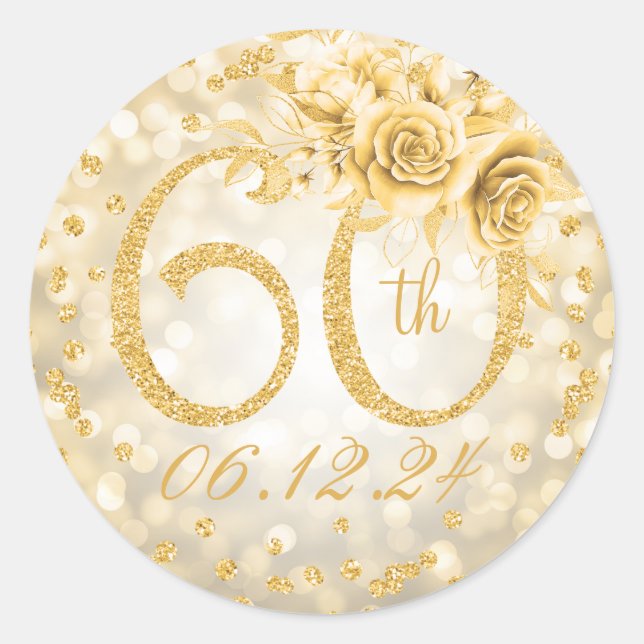 Elegant 60th Birthday Party Glam Lights Gold  Classic Round Sticker (Front)