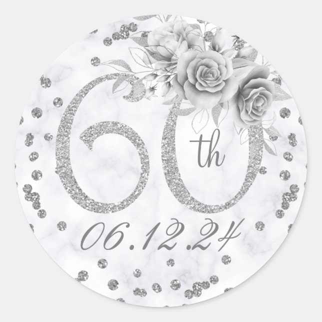 Elegant 60th Birthday Party Glam Marble Silver  Classic Round Sticker (Front)