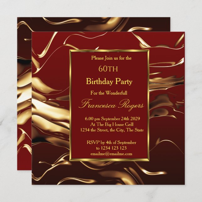 Elegant 60th Birthday Party Gold Burgundy Invitation (Front/Back)