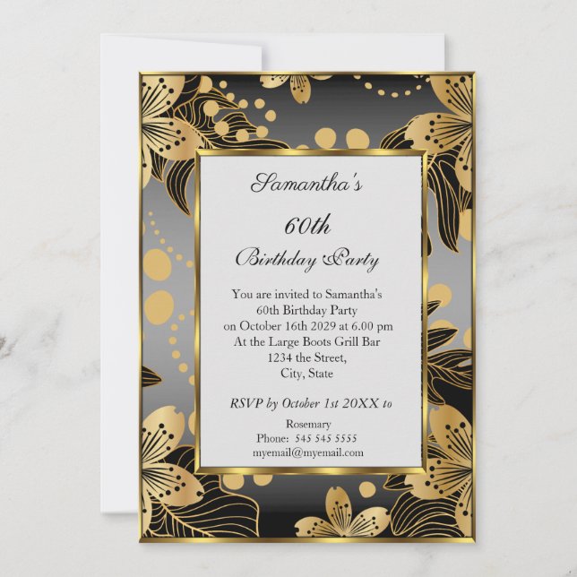  Elegant 60th Birthday Party Invitation Gold Grey  (Front)