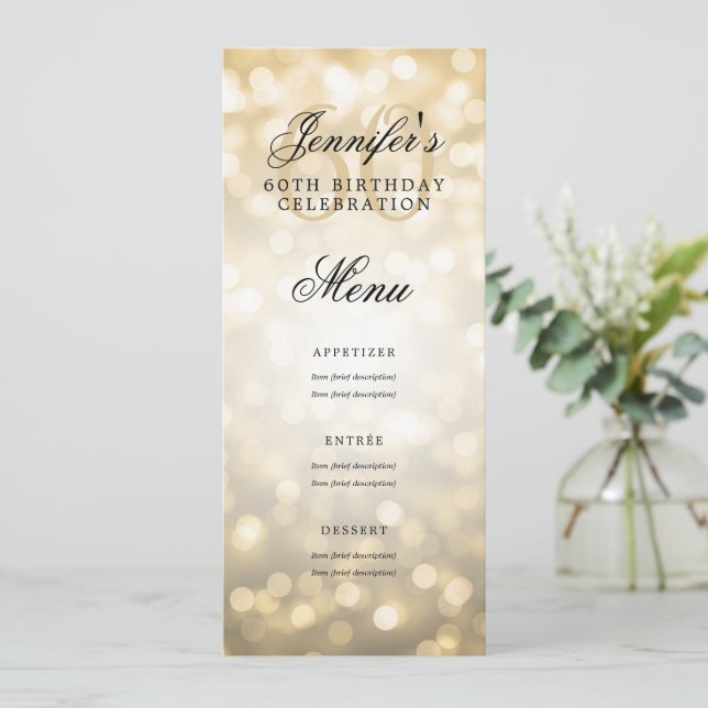Elegant 60th Birthday Party Menu Gold Bokeh Lights Invitation (Standing Front)