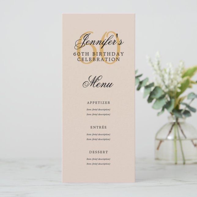 Elegant 60th Birthday Party Menu Gold Champagne  Invitation (Standing Front)