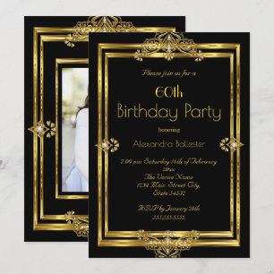 Elegant 60th Birthday Party Photo Black Gold Gems Invitation