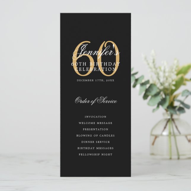Elegant 60th Birthday Party Program Black Gold  Invitation (Standing Front)