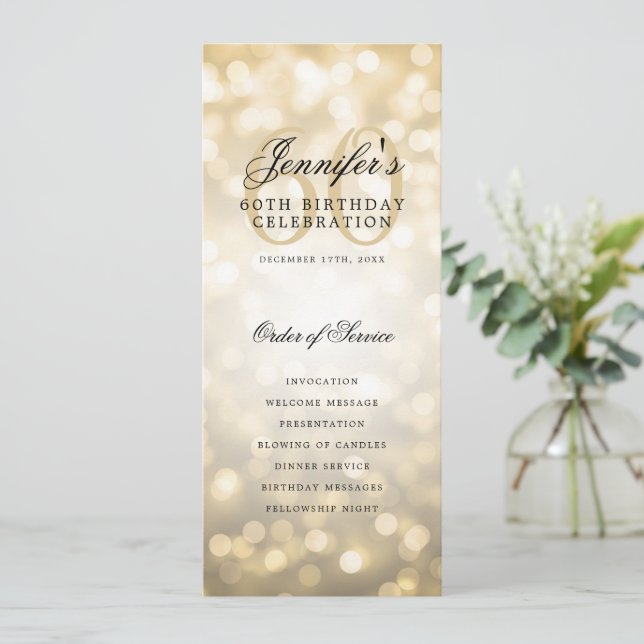 Elegant 60th Birthday Party Program Gold Bokeh Invitation (Standing Front)