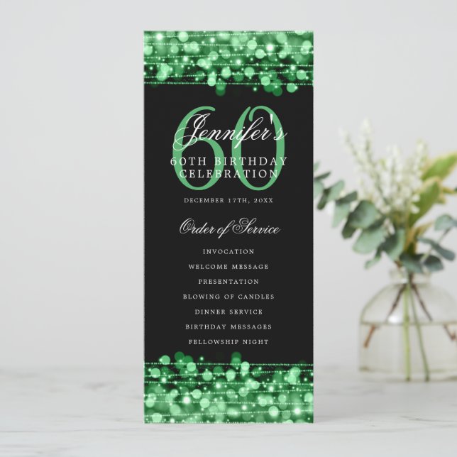 Elegant 60th Birthday Party Program Green  Invitation (Standing Front)