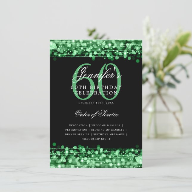 Elegant 60th Birthday Party Program Green Menu Invitation (Standing Front)