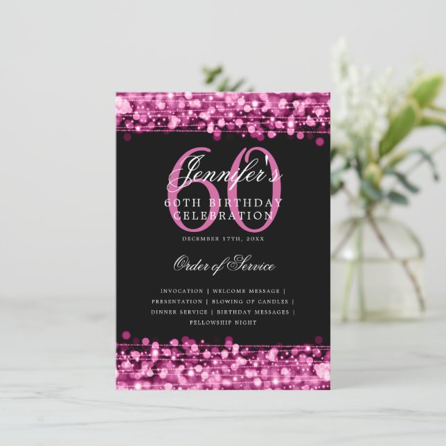 Elegant 60th Birthday Party Program Hot Pink Menu Invitation (Standing Front)