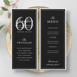 Elegant 60th Birthday Party Program + Menu Black  Invitation