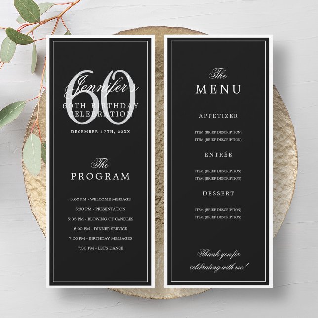 Elegant 60th Birthday Party Program + Menu Black  Invitation (Elegant 60th Birthday Party Program + Menu Black)
