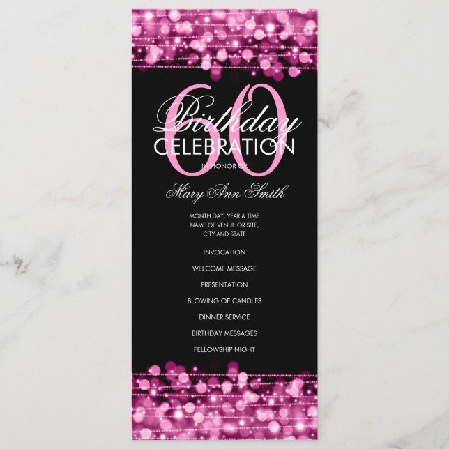 Elegant 60th Birthday Party Program Pink w/ Menu (Front)