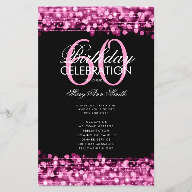 Elegant 60th Birthday Party Program Pink w/ Menu (Front)