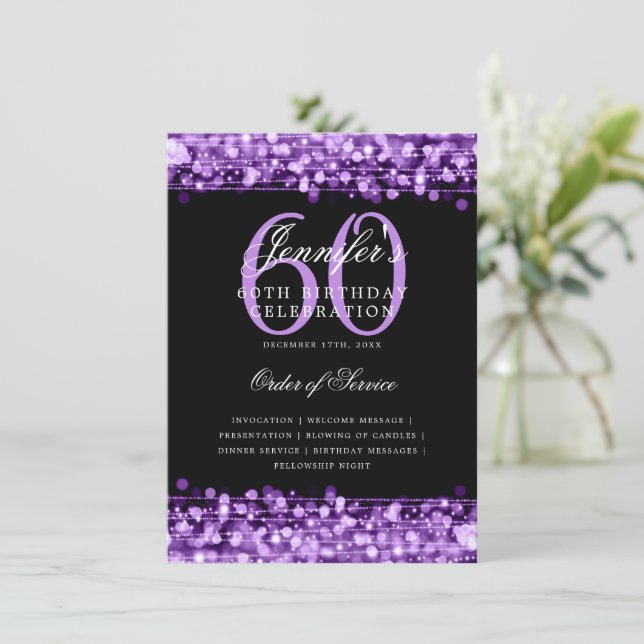 Elegant 60th Birthday Party Program Purple Menu Invitation (Standing Front)