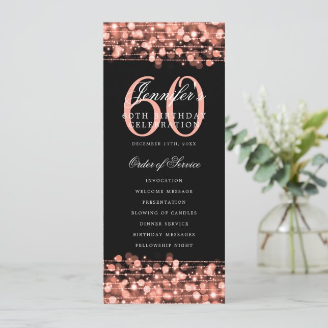 Elegant 60th Birthday Party Program Rose Gold Menu Invitation (Standing Front)