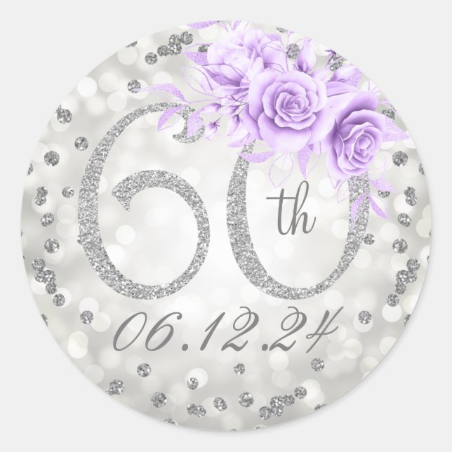 Elegant 60th Birthday Party Purple Lights Silver Classic Round Sticker (Front)