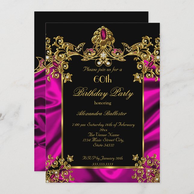 Elegant 60th Birthday Party Silk Rich Pink Gold Invitation (Front/Back)
