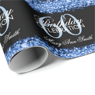 Elegant 60th Birthday Party Sparkles Blue Wrapping Paper