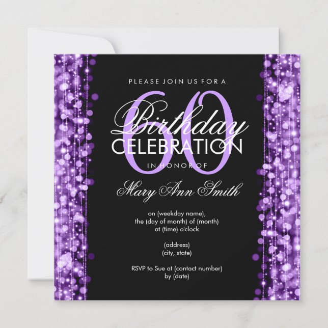 Elegant 60th Birthday Party Sparkles Purple Invitation (Front)