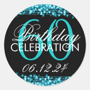 Elegant 60th Birthday Party Sparkles Turquoise Classic Round Sticker